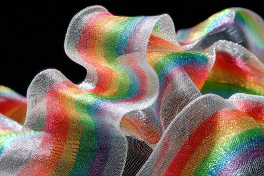 Silky abstract folds with white line curves and rainbow diffraction on black background