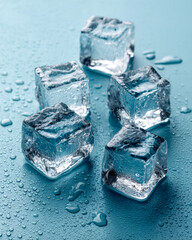 Obraz premium Transparent ice cubes scattered on pale blue surface with water droplets and reflections