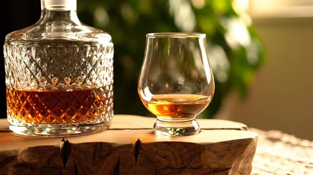 Elegant whisky decanter and snifter glass on rustic wood