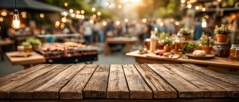 Empty wooden picnic table with blurred backyard barbecue and people enjoying summer gathering