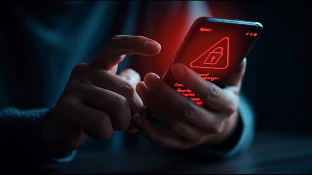 Hands hold a mobile device displaying a warning. User appears focused on the screen as they navigate through the alert at night.