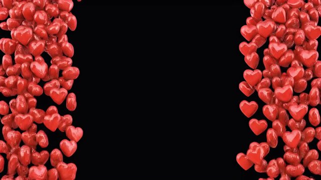 A black backdrop frames vertical clusters of red, glossy heart shapes. Empty space in the middle