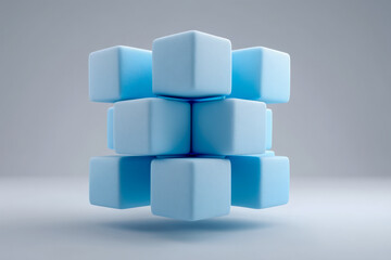 Obraz premium Floating cluster of light blue cubes forming a modular geometric 3D core structure