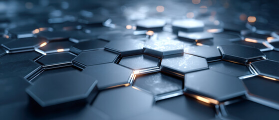 Obraz premium Seamless reflective hexagonal tile surface fading into depth, modern abstract flooring