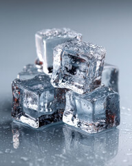 Three clear ice cubes stacked with wet sheen and condensation, refreshing drink concept