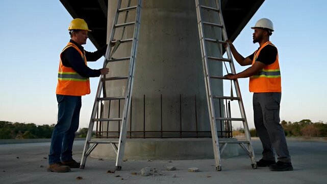 Construction workers climbing ladder inspecting structure during daytime