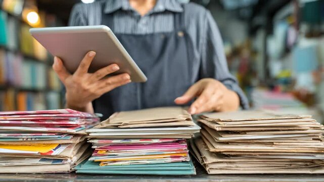 Worker sorting mail into bins while referencing a tablet emphasizing the combined workflow of tangible letters and realtime digital tracking data.