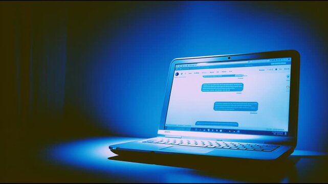 User engages in a chat on a laptop screen that shows text heavily redacted in a dim environment, indicating a private conversation.
