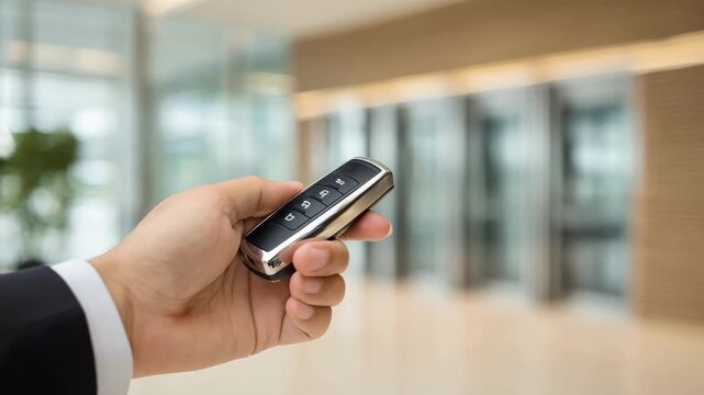 Closeup of a hand holding a key fob to unlock an electronic door access system in a professional workplace environment.