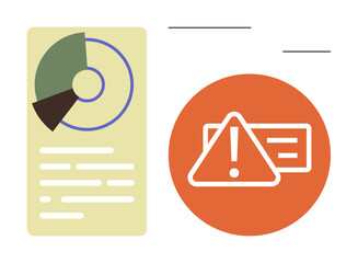Data analytics, cybersecurity, risk management, information systems, business reporting, data breaches. A pie chart with a warning symbol and information panel. Cybersecurity and risk management © robu_s