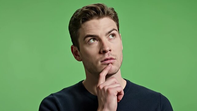 A man in a dark sweater looks up thoughtfully, finger on chin, against a green backdrop