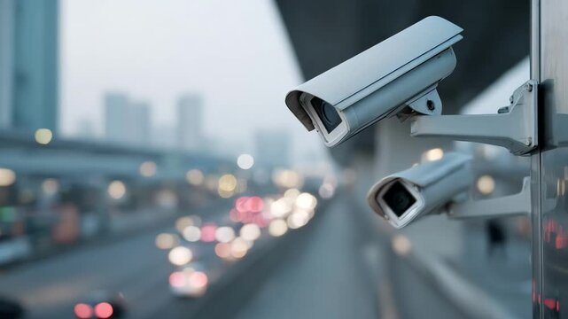 Focused medium shot of AIpowered cameras adjusting angles autonomously showcasing adaptive monitoring technology in a modern urban environment.