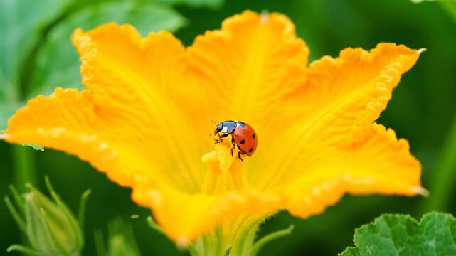 A vibrant yellow flower with a ladybug perched in the center, surrounded by green foliage