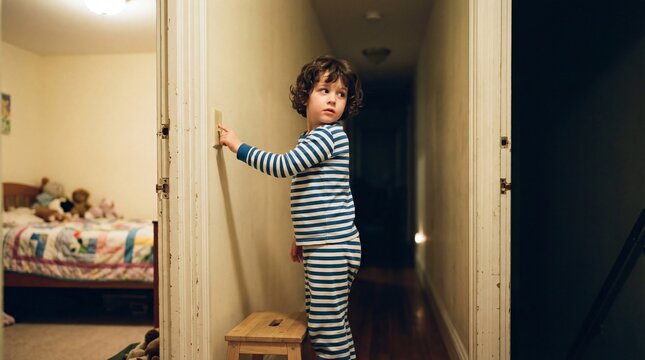 Young child turning light on exploring dark hallway