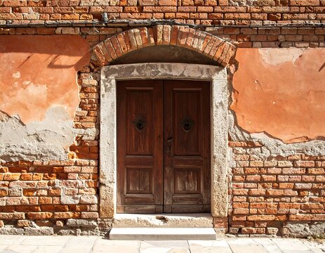 Aged wooden double door set in a weathered brick wall with an arched brick lintel