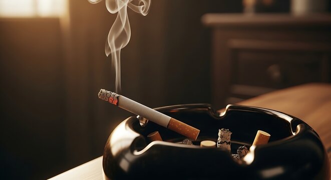 Smoking cigarette in dark room interior.