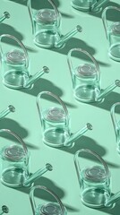 Seamless pattern of transparent watering cans on a mint green background