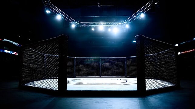 Empty mma fighting octagon cage with spotlights