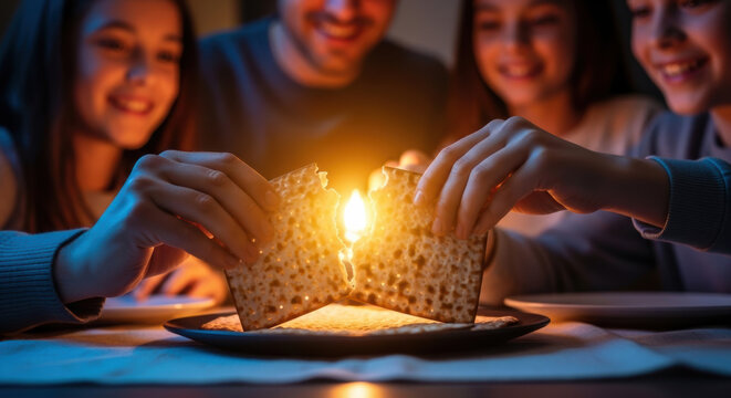 Passover Seder Tradition: Family Breaking Matzah in Candlelight