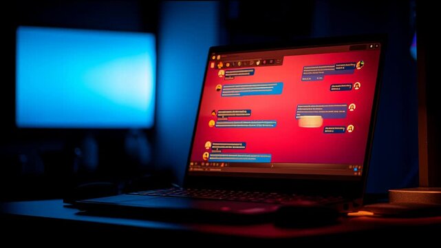 A laptop shows a chat with heavily redacted texts in a dark space while a blue screen lights up the background.