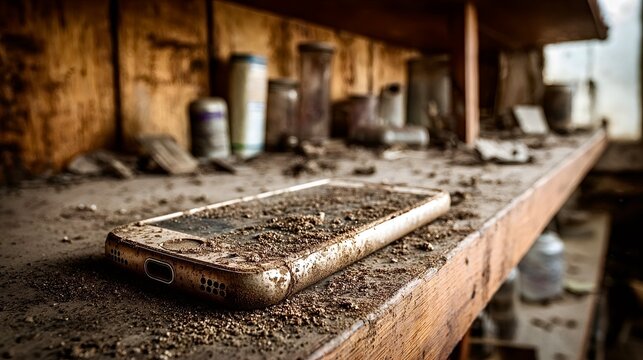 Dusty smartphone lying abandoned on old wooden shelf
