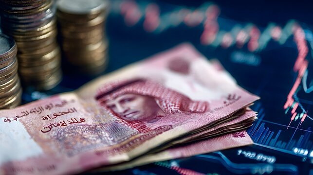 Saudi riyal banknotes showing middle east finance and economy