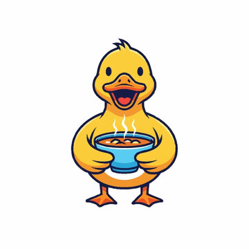 Cute Cartoon Duck Holding a Bowl of Hot Soup.