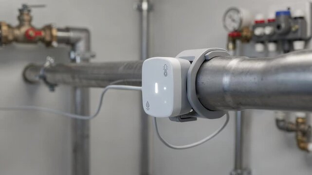 Medium shot of a retrofitfriendly IoT sensor affixed to an existing water system designed for efficient leak and temperature detection integration.