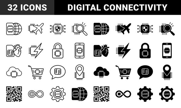 Hybrid eSIM and Integrated Circuit Chip Icons Merged with Travel Security Logistics Shopping and Communication Symbols in Outline and Solid Styles