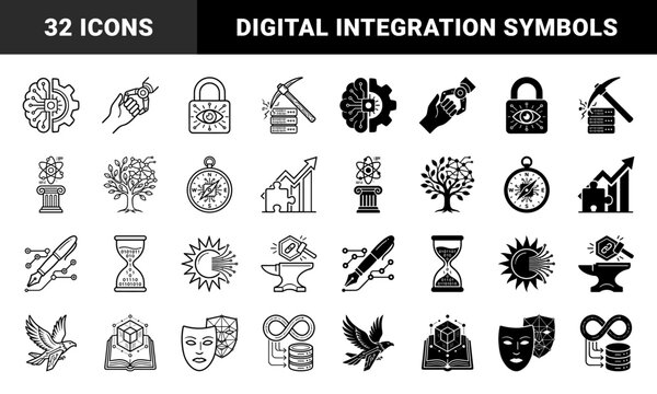Hybrid conceptual metaphors merging traditional symbols with digital technology elements using a dual line and solid fill design style for modern branding