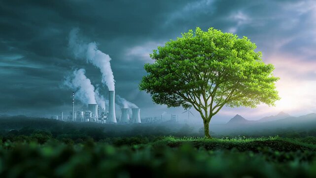 young green tree against industrial skyline, sapling rooted in dark soil with wind turbine and cooling tower blurred in background, moody cloudy sky, visual