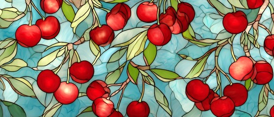 Bright red cherries hang from leafy branches against a vibrant blue background in a stained glass style