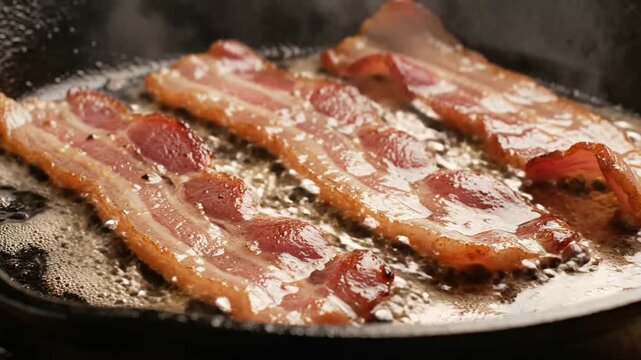 Bacon strips frying in hot cast iron pan