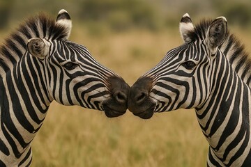 two zebras in love, kissing