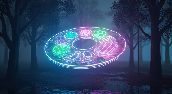 Mystical Neon Seder Plate Glowing in a Dark Ethereal Forest for Passover