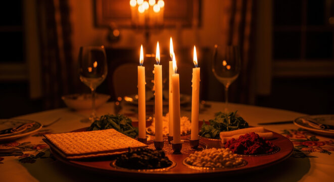 Candlelit Passover Seder Table with Traditional Foods and Matzah