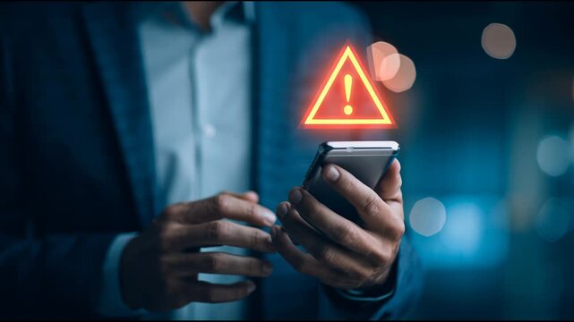 A man with a suit checks his phone in an urban area at night as an emergency alert notification appears on the screen.