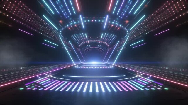 Neon Lit Futuristic Tunnel with Glowing Lights and Smoke Effects for Sci- Fi Backgrounds and Tech Presentations