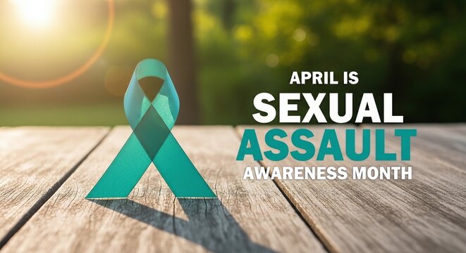 Sexual Assault Awareness Month Teal Ribbon on Wooden Table with Natural Sunlight Background, Hope and Support Message for Survivors