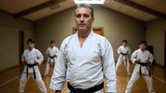 Karate instructor with black belt standing in front of students. Martial arts sensei and children in a dojo