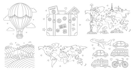 Obraz premium Hand drawn farm animals collection and vintage village house architecture set featuring black vector sketch illustrations of rural buildings and old town home design