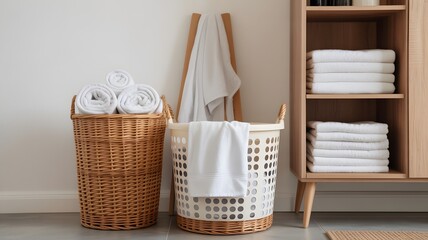 A tidy laundry room with wicker baskets and neatly folded towels