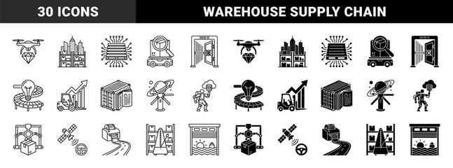A unique hybrid collection of logistics and industrial symbols merging supply chain elements with futuristic technology and warehouse automation concepts