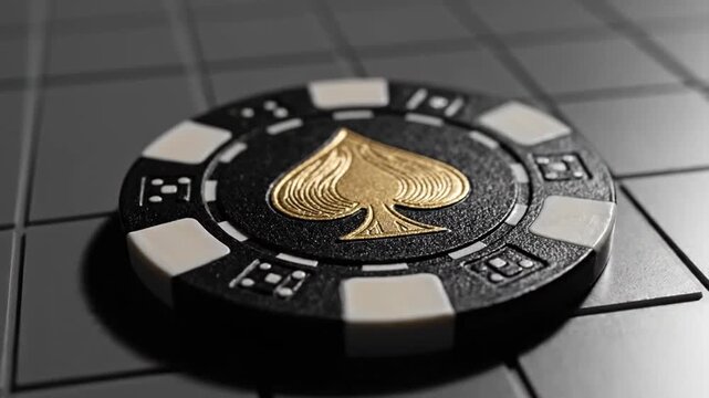 Black poker chip with golden spade on dark surface
