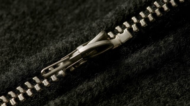 Macro of a zipper on fabric, metal teeth zip closed on a dark wool jacket, functional detail