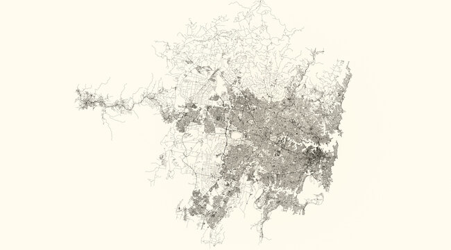 City street and transportation map of Sydney, Australia, in black and light beige. High resolution full frame minimalist poster style road map or urban street plan of Sydney. Vintage look.