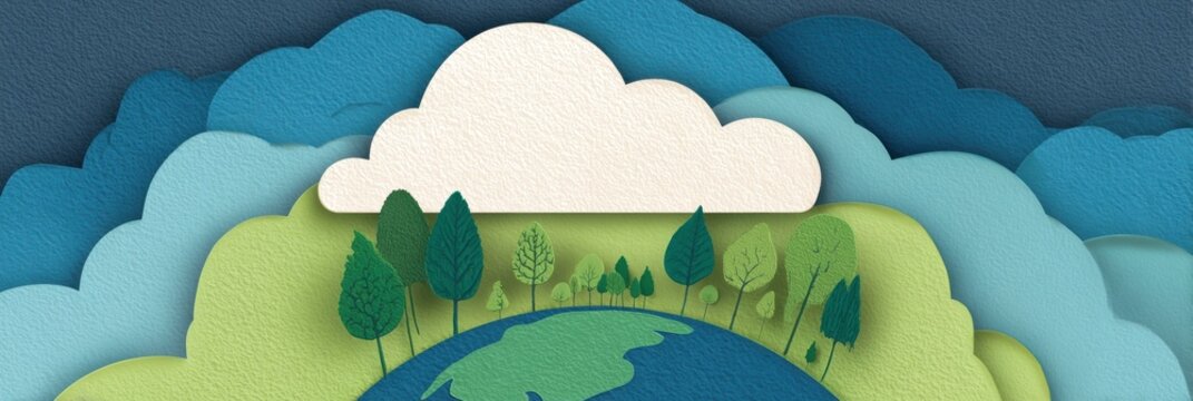 paper craft design, a wide aspect ratio postcard template features a papercut earth globe with colorful layers and paper trees and animals a white paper cloud shape creates empty space for text