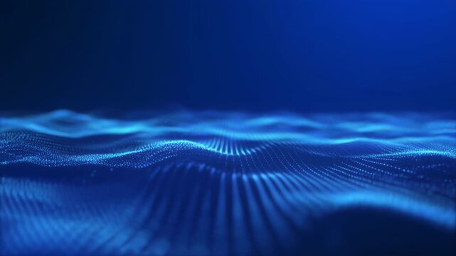 Blue wavy surface with glowing grid pattern in dark background.
