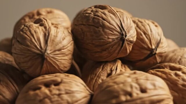 Close-up of a Pile of Walnuts Showing Detailed Texture and Natural Brown Color against a Neutral Background
