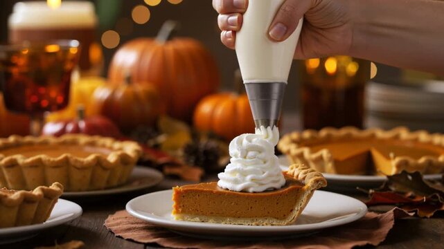 Hand piping whipped cream onto a slice of pumpkin pie. Traditional Thanksgiving dessert preparation